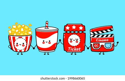 Funny cute happy popcorn, movie clapper, lemonade, ticket characters bundle set. Vector kawaii line cartoon style illustration. Cute popcorn, movie clapper, lemonade, ticket  character collection