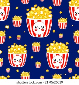 Funny cute happy popcorn pattern characters. Vector kawaii line cartoon style illustration. Happy cute popcorn pattern