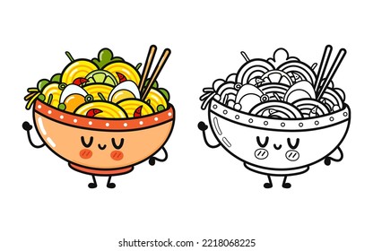 Funny cute happy ramen bowl characters bundle set. Vector hand drawn cartoon kawaii character illustration icon. Cute ramen bowl. Outline cartoon illustration coloring book