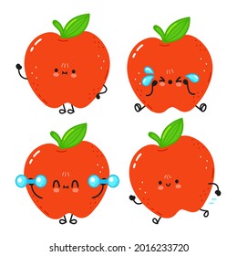 Funny cute happy red apple characters bundle set. Vector kawaii line cartoon style illustration. Cute planet apple mascot character collection