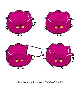 Funny cute happy red cabbage characters bundle set. Vector kawaii line cartoon style illustration. Cute red cabbage mascot character collection