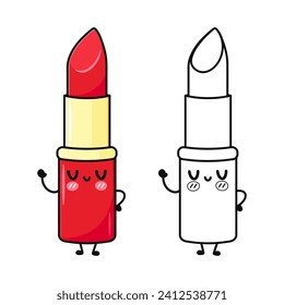 Funny lindo feliz conjunto de caracteres de lápiz labial rojo. Caricatura dibujada a mano del vector icono de ilustración del personaje kawaii. Palo de labios rojo. Libro de coloreado de ilustraciones de dibujos animados de esquema