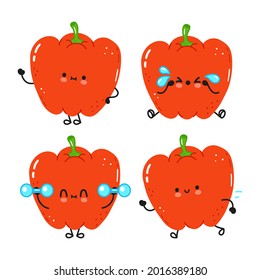 Funny cute happy red pepper characters bundle set. Vector kawaii line cartoon style illustration. Cute red pepper mascot character collection