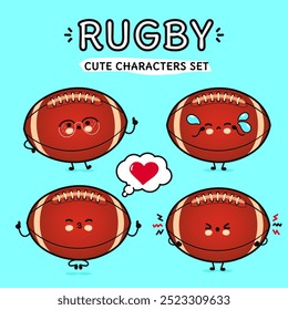 Funny cute happy Rugby ball characters bundle set. Vector hand drawn doodle style cartoon character illustration icon design. Isolated on blue background. Rugby ball mascot character collection