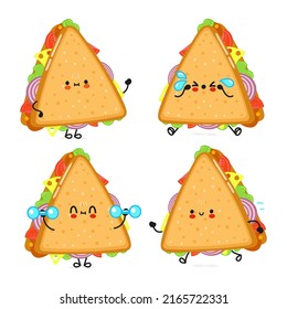 Funny lindo y feliz conjunto de personajes de sándwich. Diseño de iconos de ilustración de caricaturas con estilo de doodle dibujado a mano por vectores. Colección de personajes de mascota de sándwich feliz