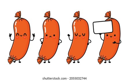 Funny cute happy sausage characters bundle set. Vector hand drawn doodle style cartoon character illustration icon design. Cute sausage mascot character collection