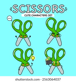 Funny cute happy Scissors characters bundle set. Vector hand drawn doodle style cartoon character illustration. Isolated on blue background. Scissors mascot character collection