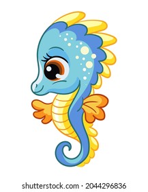 Funny cute happy seahorse. Sea creatures. Cartoon marine animal character. Vector illustration isolated on white background. For children apparel, print and design, poster, card, sticker, decor