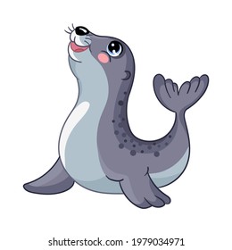 Funny cute happy seal. Sea creatures. Cartoon marine animal character. Vector illustration isolated on white background. For children apparel, print and design, poster, card, sticker, decor