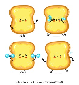 Divertido lindo feliz pan tostado en rebanadas y juego de manteca de personajes. Diseño de iconos de ilustración de caricaturas con estilo de doodle dibujado a mano por vectores. Colección de personajes de la mascota de pan tostado en rodajas