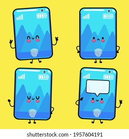 Funny cute happy Smartphone characters bundle set. Vector kawaii line cartoon style illustration. Cute Smartphone mascot character collection
