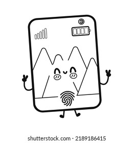 Funny cute happy smartphone characters bundle set. Vector hand drawn cartoon kawaii character illustration icon. Cute smartphone. Outline cartoon illustration coloring book
