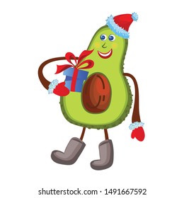 Funny cute happy smiling avocado in santa claus hat with gift.
 Concept: Tropical fruits celebrate New Year, Christmas.
 Cartoon character kawaii vector illustration flat icon. Isolated image.