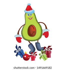 Funny cute happy smiling avocado in santa claus hat with gift.
 Concept: Tropical fruits celebrate New Year, Christmas.
 Cartoon character kawaii vector illustration flat icon. Isolated image.
