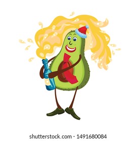 Funny cute happy smiling avocado in a hat of Santa Claus with a bottle of champagne.
Concept: Tropical fruits celebrate New Year, Christmas.
Cartoon character kawaii vector illustration flat icon. 