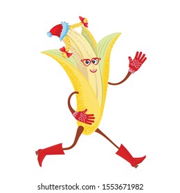 Funny cute happy smiling banana in a Santa Claus hat and with pigtails of a snow maiden, waving a gloved hand.
Cartoon character kawaii vector illustration flat icon. Isolated image on a white backgr