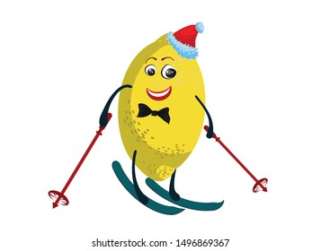 Funny cute happy smiling lemon in Santa Claus hat skiing with ski poles.
Concept: Tropical fruits celebrate New Year, Christmas.
Cartoon character kawaii vector illustration flat icon. Isolated image