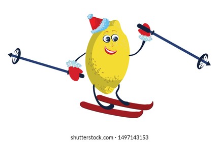 Funny cute happy smiling lemon in Santa Claus hat skiing with ski poles. Concept: Tropical fruits celebrate New Year, Christmas. Cartoon character kawaii vector illustration flat icon. Isolated image