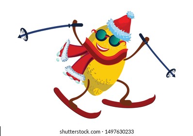 Funny cute happy smiling lemon in Santa Claus hat skiing with ski poles. Concept: Tropical fruits celebrate New Year, Christmas. Cartoon character kawaii vector illustration flat icon. Isolated image