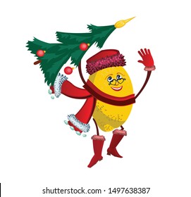 Funny cute happy smiling lemon carries a Christmas tree.
Concept: Tropical fruits celebrate New Year, Christmas.
Cartoon character kawaii vector illustration flat icon. Isolated image