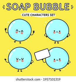 Divertido juego de paquetes de personajes de burbujas de jabón feliz lindo y divertido. Ilustración de dibujos animados de la línea Vector kawaii. Colección de caracteres de mascota de burbuja de jabón cutáneo