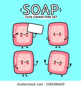 Funny cute happy soap characters bundle set. Vector hand drawn doodle style cartoon character illustration icon design. Isolated on blue background. Cute soap mascot character collection