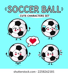 Funny cute happy Soccer ball characters bundle set. Vector hand drawn doodle style cartoon character illustration icon design. Isolated on blue background. Soccer ball mascot character collection