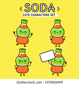 Funny cute happy Soda characters bundle set. Vector kawaii line cartoon style illustration. Cute Soda mascot character collection