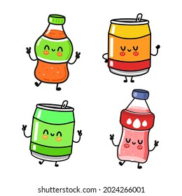 Funny cute happy soda characters bundle set. Vector kawaii line cartoon style illustration. Cute soda mascot character collection