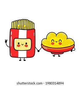 Funny lindo feliz feliz conjunto de personajes de Spaghetti. Ilustración de dibujos animados de la línea Vector kawaii. Colección de personajes de mascota de Spaghetti Cute