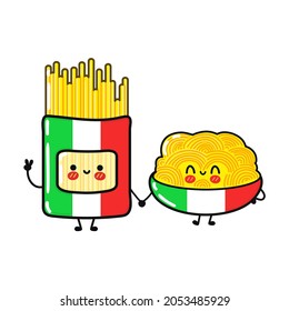 Funny lindo feliz feliz conjunto de personajes de Spaghetti. Diseño de iconos de ilustración de caricaturas con estilo de doodle dibujado a mano por vectores. Concepto de amigos de la colección de personajes de mascota Cute Spaghetti