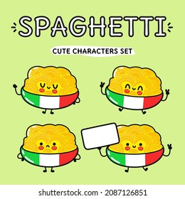 Funny cute happy Spaghetti characters bundle set. Vector kawaii line cartoon style illustration. Cute Spaghetti mascot character collection