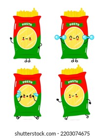 Funny cute happy spaghetti characters bundle set. Vector hand drawn doodle style cartoon character illustration icon design. Cute happy pasta mascot character collection