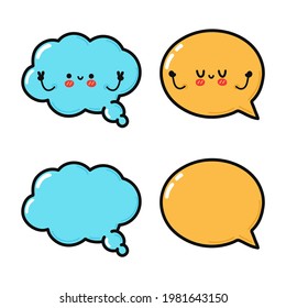 Funny cute fröhliche Sprechblase Charaktere Bundle Set. Vektorgrafik kawaii Linie Cartoon Stil Illustration. Cuute-Sprache-Blase Maskottchen-Zeichensammlung