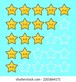 Funny cute Happy Star Charaktere Bundle Set. Vektor handgezeichnet doodle Stil Cartoon Zeichentricksymboldesign. Einzeln auf blauem Hintergrund. Cute-Star-Maskottensammlung