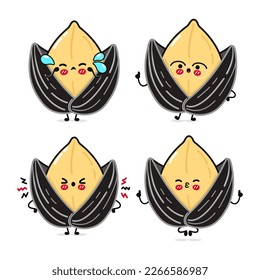 Funny cute happy Sunflower seed characters bundle set. Vector kawaii line cartoon style illustration. Cute Sunflower seed mascot character collection