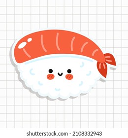 Graciosos personajes felices del sushi. Ilustración de dibujos animados de la línea Vector kawaii. Pegatina de sushi alegre en un cuaderno