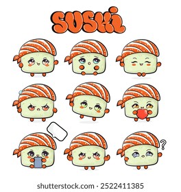 Engraçado bonito feliz Sushi personagens conjunto pacote. Desenhado à mão vetor estilo doodle desenho de ícone de ilustração de personagem de desenho animado. Isolado no fundo verde. Coleção de personagens de mascote Sushi bonito