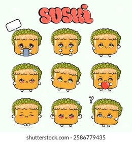 Funny cute happy Sushi characters bundle set. Vector hand drawn doodle style cartoon character illustration icon design. Isolated on green background. Cute Sushi mascot character collection