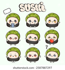 Funny cute happy Sushi characters bundle set. Vector hand drawn doodle style cartoon character illustration icon design. Isolated on green background. Cute Sushi mascot character collection