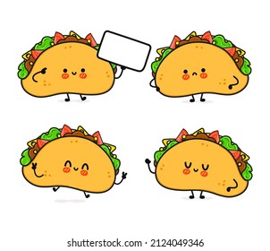 Funny cute happy taco characters bundle set. Vector kawaii line cartoon style illustration. Isolated on white background. Cute taco mascot character collection emoji,child,baby,face,adorable,kids