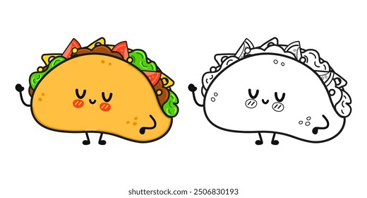 Funny cute happy Taco characters bundle set. Vector hand drawn cartoon kawaii character illustration icon. Cute Taco. Outline cartoon illustration for coloring book
