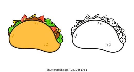 Funny cute happy Taco characters bundle set. Vector hand drawn cartoon kawaii character illustration icon. Cute Taco. Outline cartoon illustration for coloring book