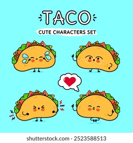 Funny cute happy Taco characters bundle set. Vector hand drawn doodle style cartoon character illustration. Isolated on blue background. Taco mascot character collection