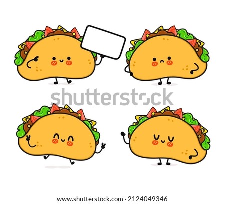 Funny cute happy taco characters bundle set. Vector kawaii line cartoon style illustration. Isolated on white background. Cute taco mascot character collection emoji,child,baby,face,adorable,kids