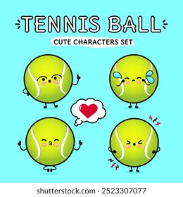 Engraçado bonito feliz Tênis bola personagens conjunto de pacote. Desenhado à mão vetor estilo doodle desenho de ícone de ilustração de personagem de desenho animado. Isolado no fundo azul. Coleção de personagens de mascote de bola de tênis