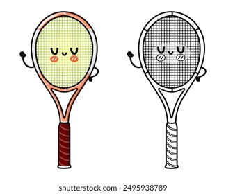 Funny cute happy Tennis racquet characters bundle set. Vector hand drawn cartoon kawaii character illustration icon. Cute Tennis racquet. Outline cartoon illustration for coloring book