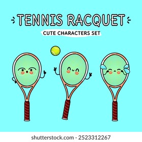 Funny cute happy Tennis racquet characters bundle set. Vector hand drawn doodle style cartoon character illustration icon design. Isolated on blue background. Tennis racquet mascot collection