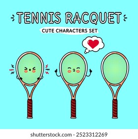 Funny cute happy Tennis racquet characters bundle set. Vector hand drawn doodle style cartoon character illustration icon design. Isolated on blue background. Tennis racquet mascot collection