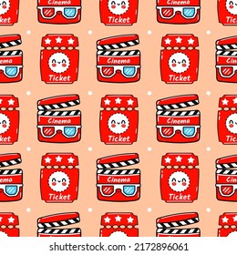 Funny cute happy ticket and movie clapper pattern characters. Vector kawaii line cartoon style illustration. Happy cute ticket and movie clapper pattern